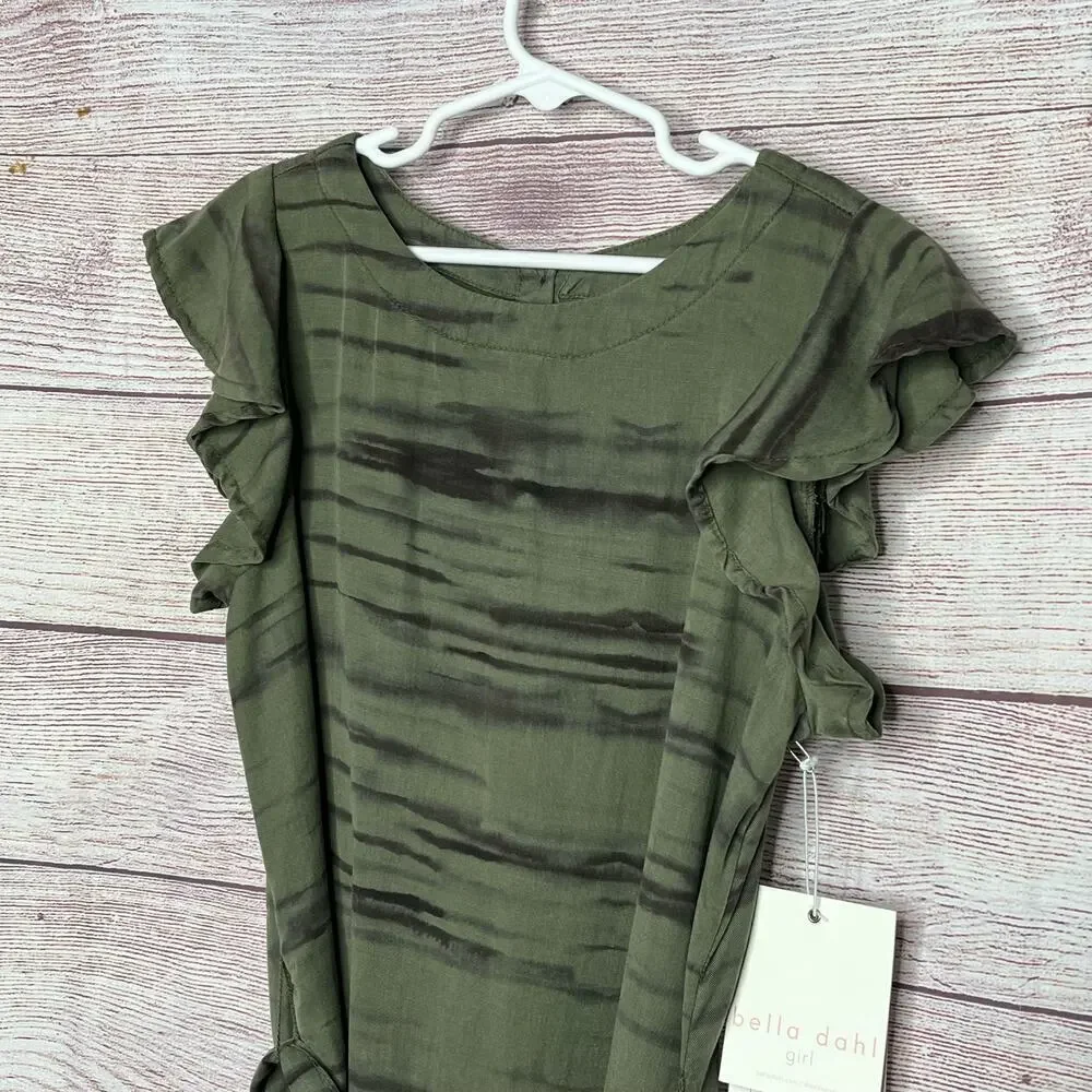 Bella Dahl Girls Flutter Sleeve Ruffle Fernwood Stripe Dress Size 10 New